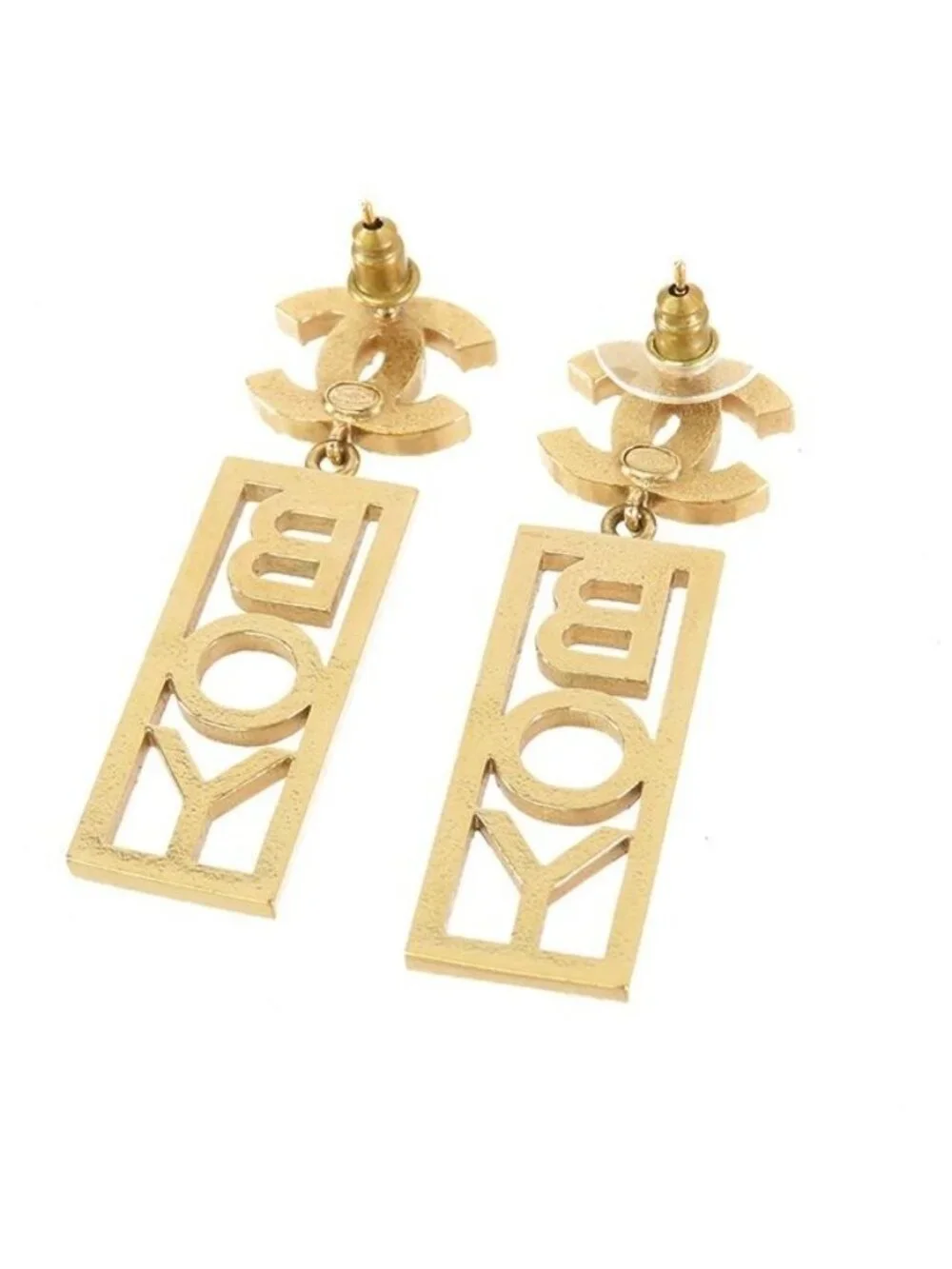 Chanel Earrings Gold Metal CC Logo Boy Plate